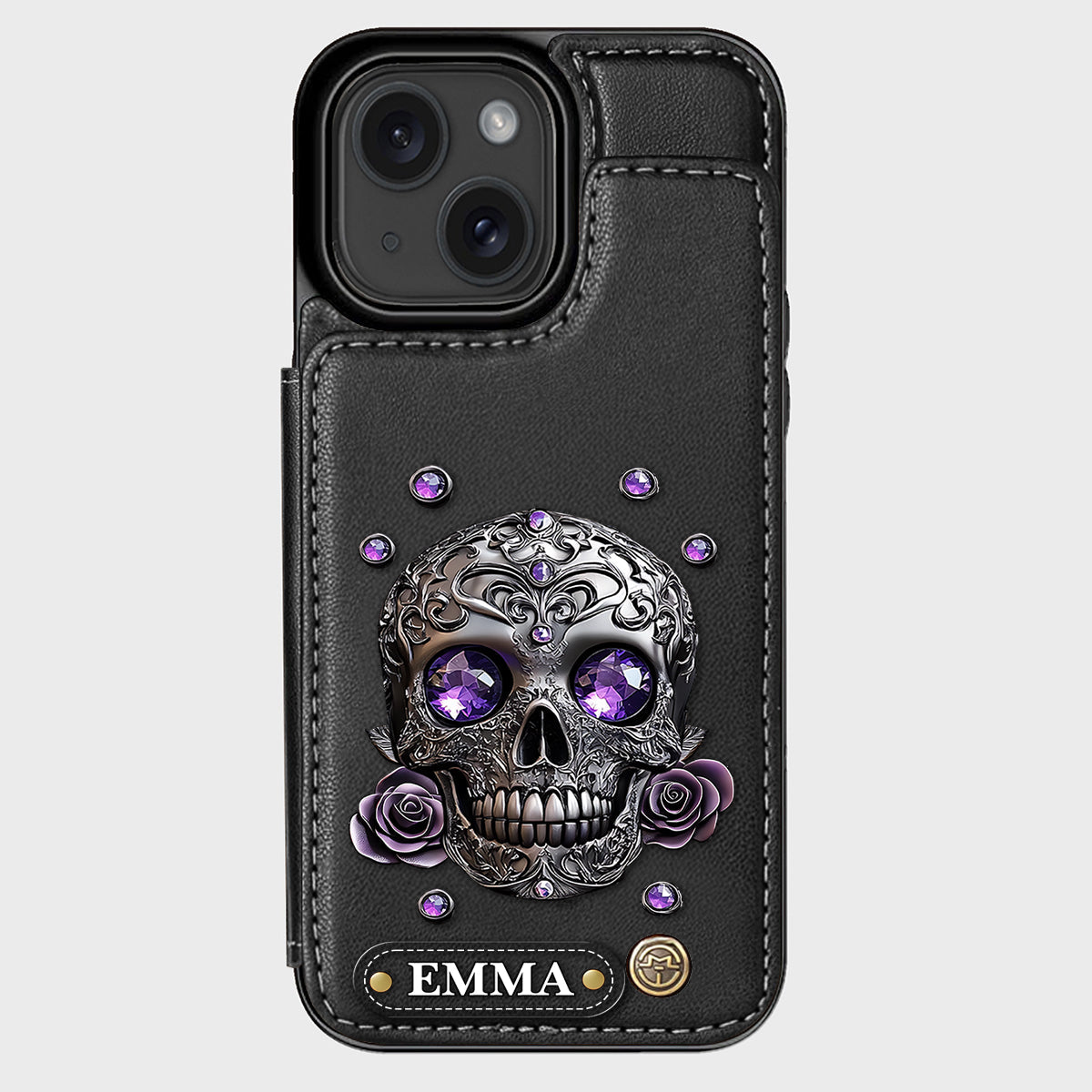 Étui portefeuille personnalisé avec tête de mort et roses