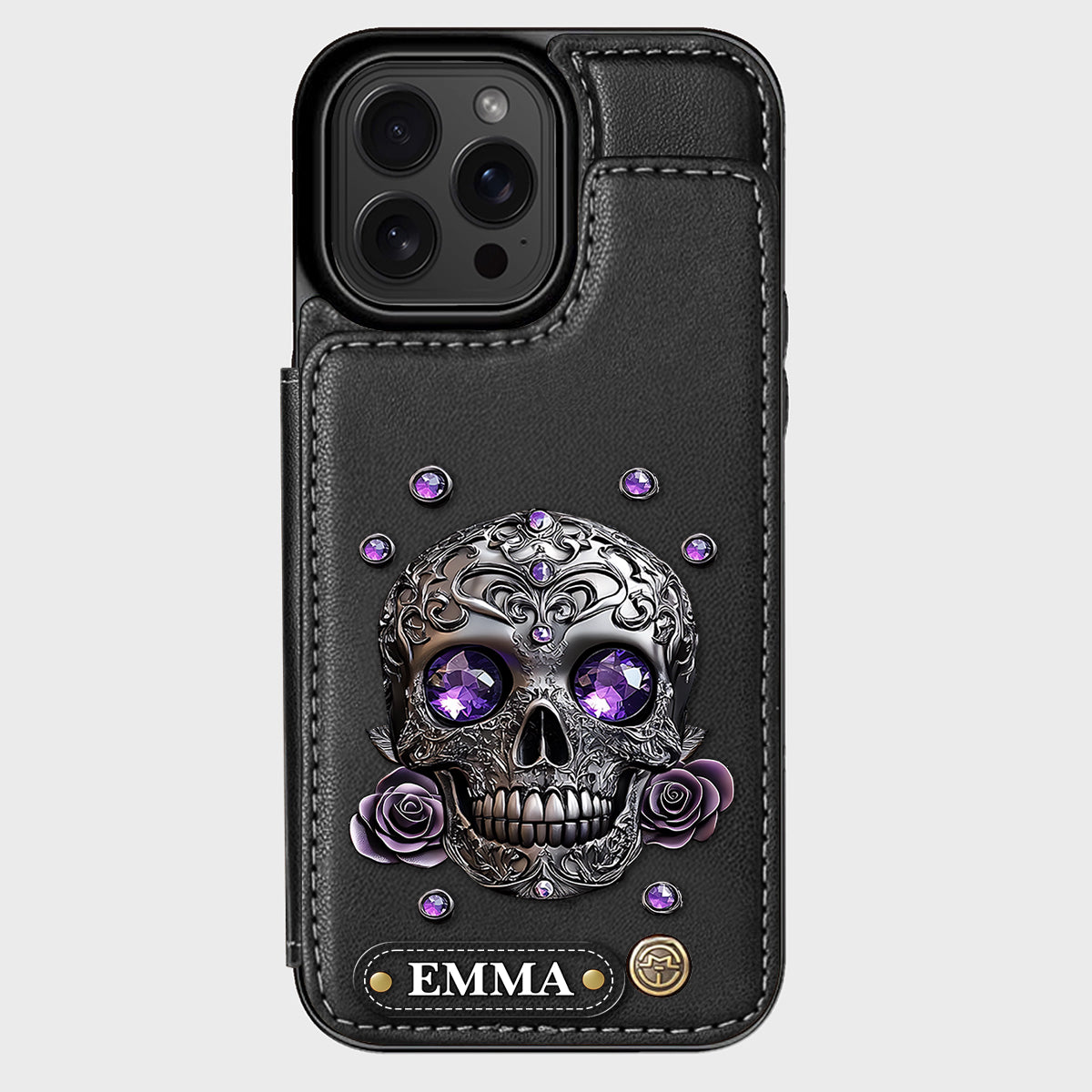 Étui portefeuille personnalisé avec tête de mort et roses