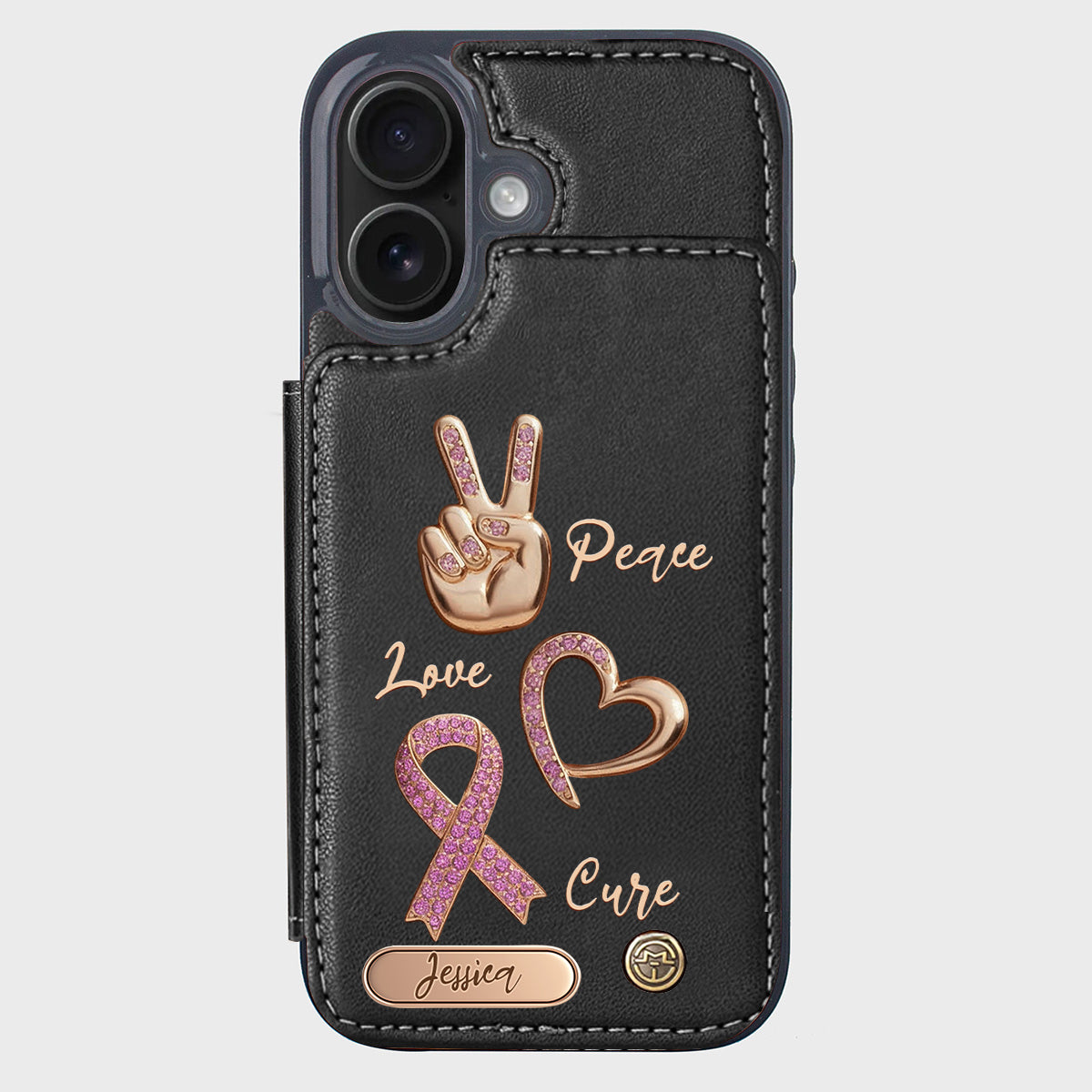 Étui portefeuille personnalisé Peace Love Cure pour téléphone, symbole de sensibilisation au cancer du sein