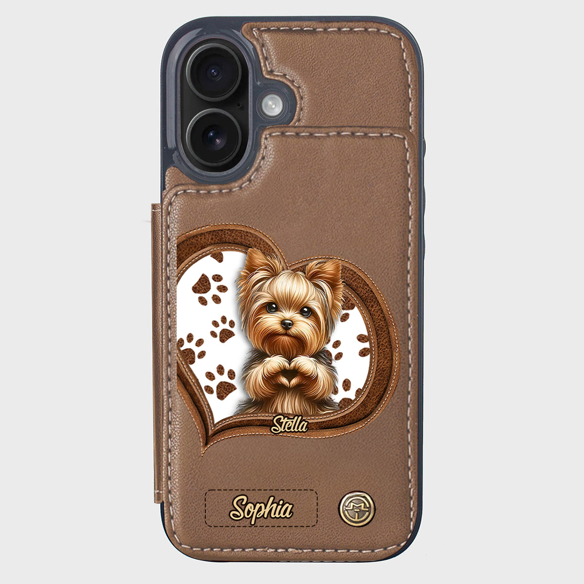 Étui portefeuille/téléphone personnalisé pour chien avec motif de cœur formé par un chiot ou un chaton