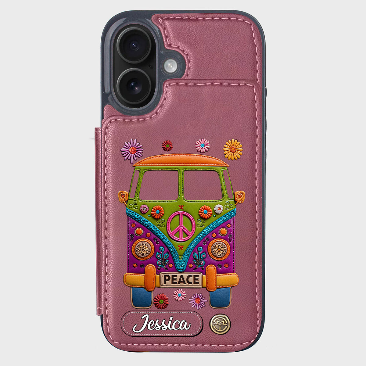Peace Bus - Étui portefeuille hippie personnalisé avec breloque en cuir