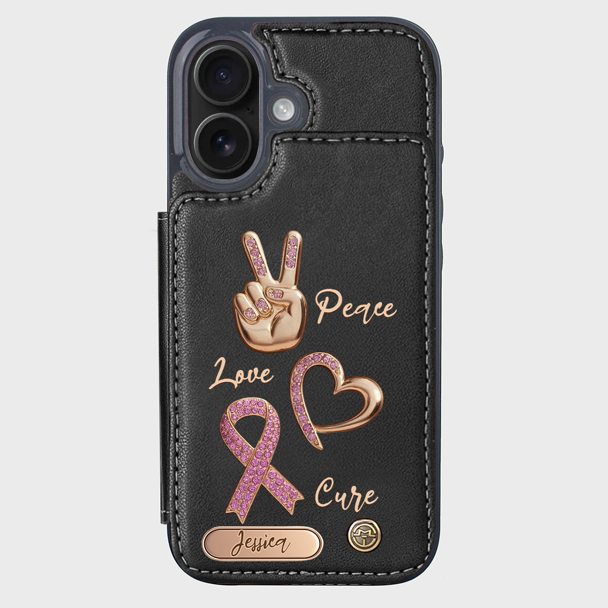 Étui portefeuille personnalisé Peace Love Cure pour téléphone, symbole de sensibilisation au cancer du sein