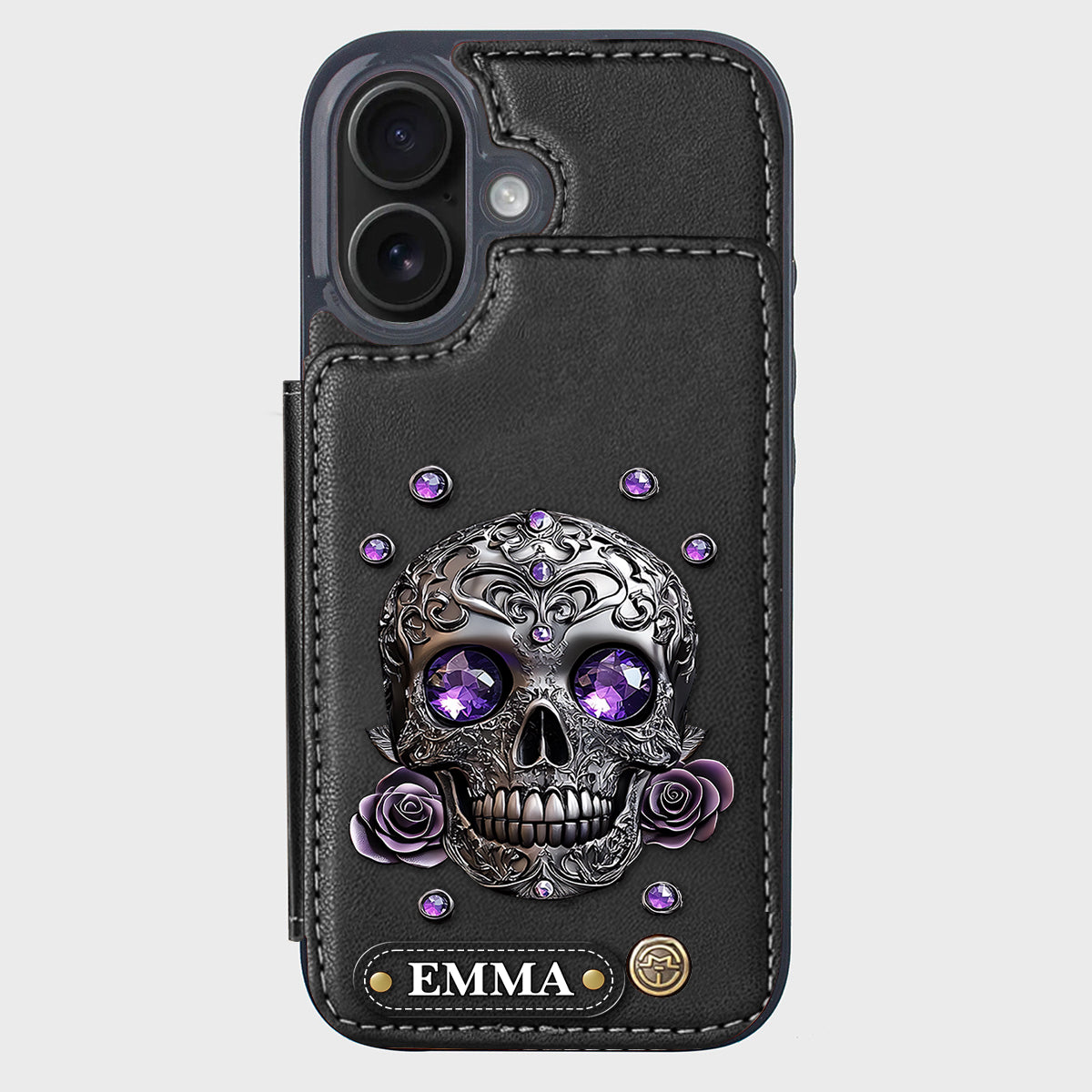 Étui portefeuille personnalisé avec tête de mort et roses