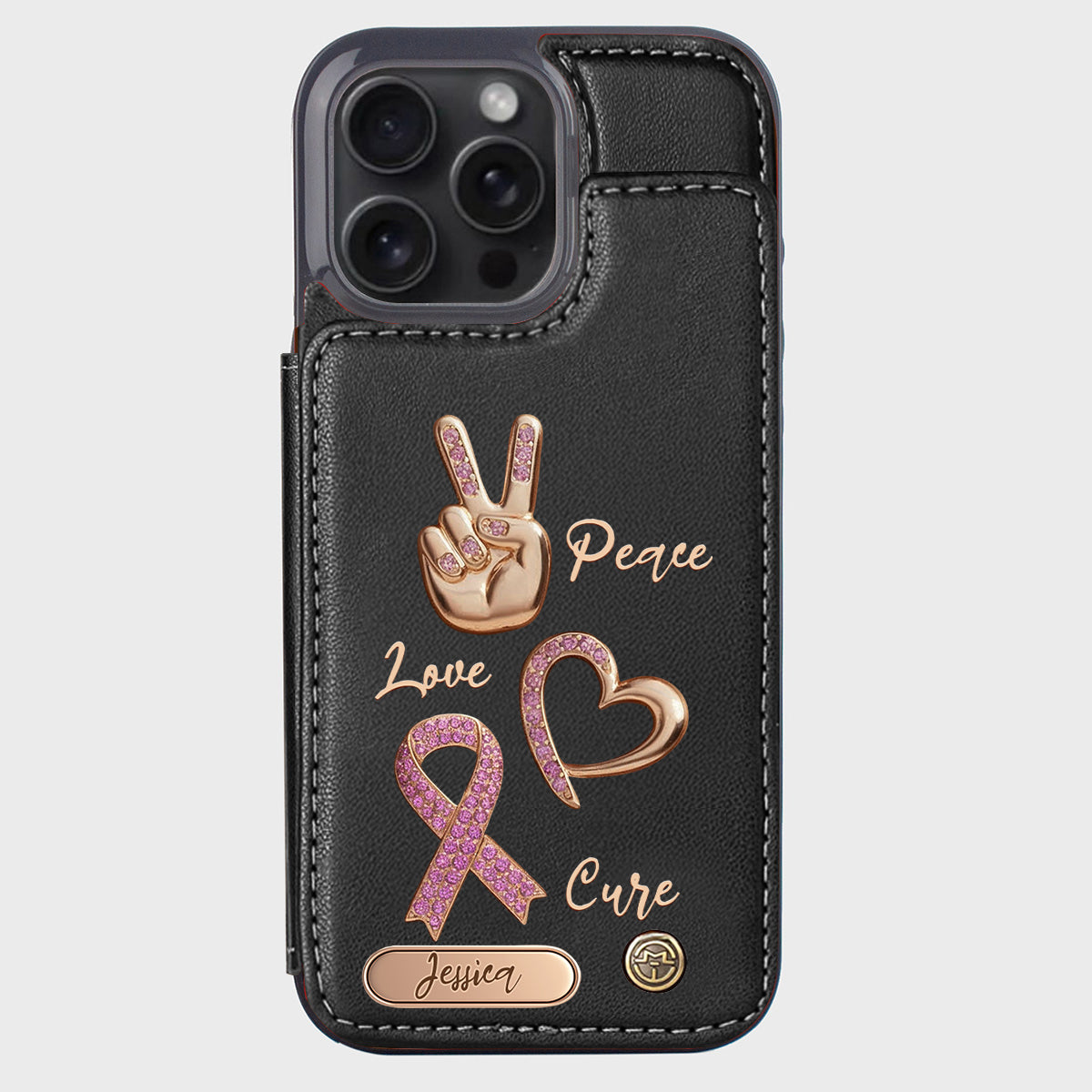 Étui portefeuille personnalisé Peace Love Cure pour téléphone, symbole de sensibilisation au cancer du sein
