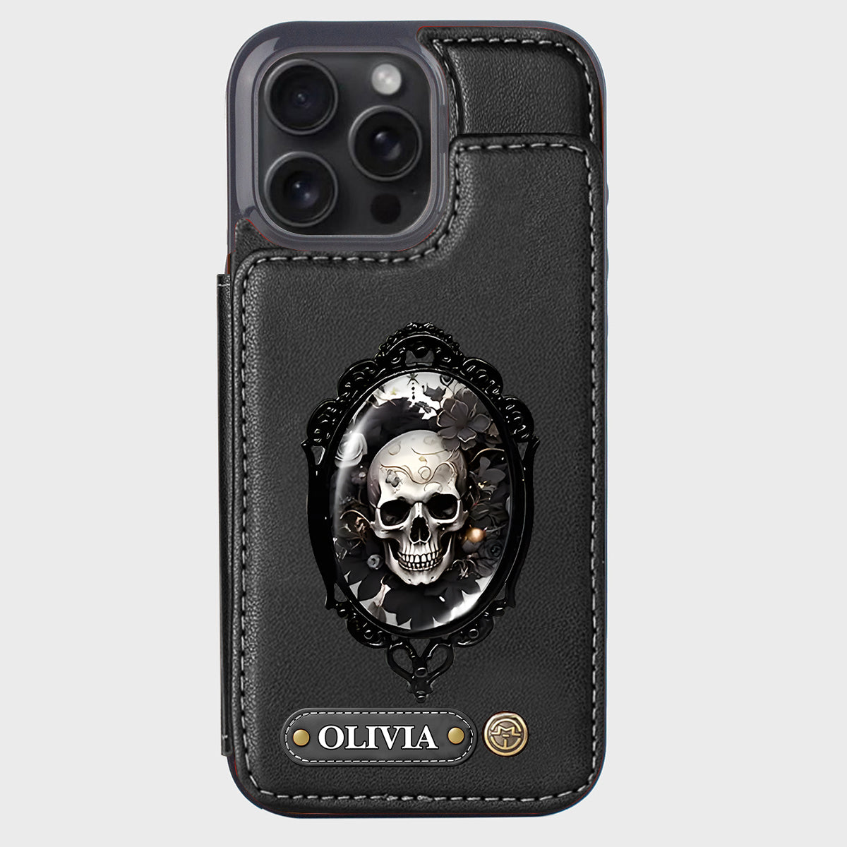 Étui portefeuille personnalisé en forme de crâne à motif floral gothique - Étui de téléphone à tête de mort -