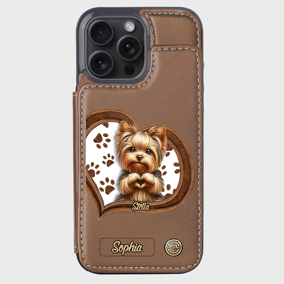 Étui portefeuille/téléphone personnalisé pour chien avec motif de cœur formé par un chiot ou un chaton