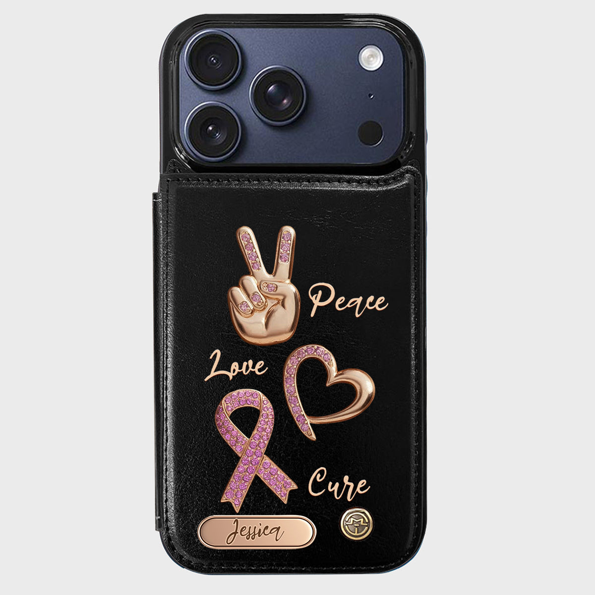Étui portefeuille personnalisé Peace Love Cure pour téléphone, symbole de sensibilisation au cancer du sein