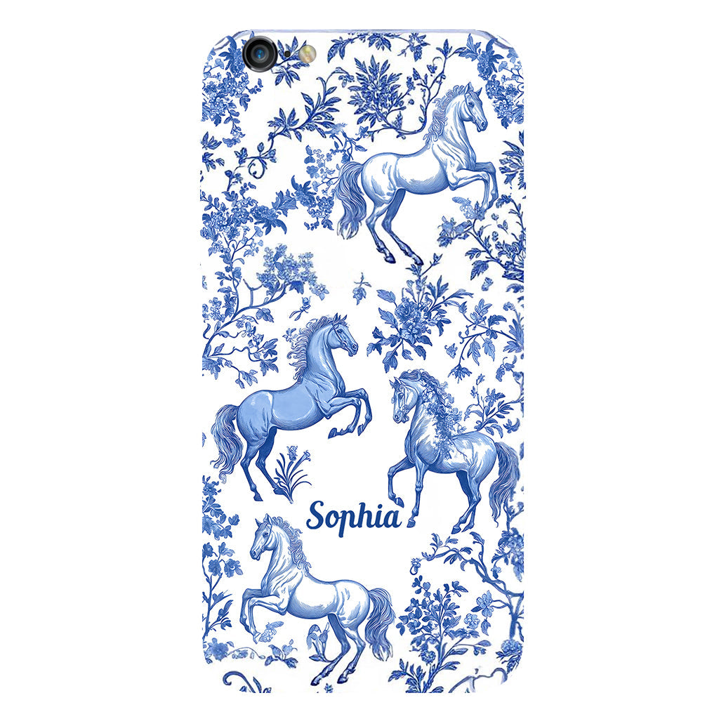 Coque de téléphone personnalisée avec motif cheval bleu et blanc Toile de Jouy - Coque de téléphone à motif cheval intégral