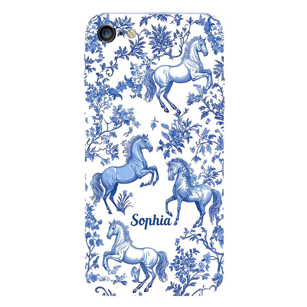 Coque de téléphone personnalisée avec motif cheval bleu et blanc Toile de Jouy - Coque de téléphone à motif cheval intégral