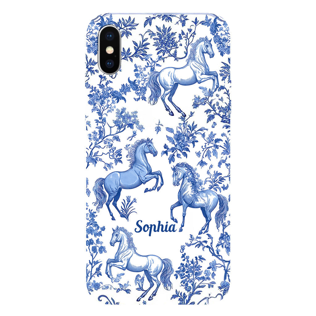 Coque de téléphone personnalisée avec motif cheval bleu et blanc Toile de Jouy - Coque de téléphone à motif cheval intégral