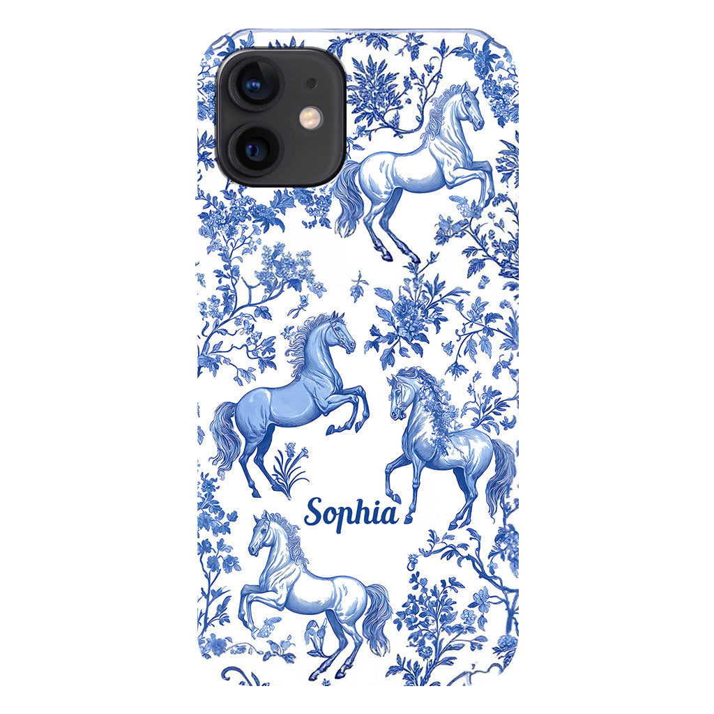 Coque de téléphone personnalisée avec motif cheval bleu et blanc Toile de Jouy - Coque de téléphone à motif cheval intégral