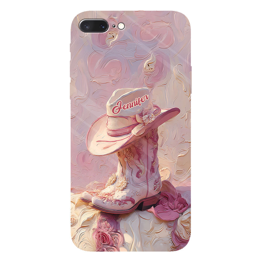 Coque de téléphone et support personnalisés « Cowgirl rose » avec imprimé intégral et support pour téléphone