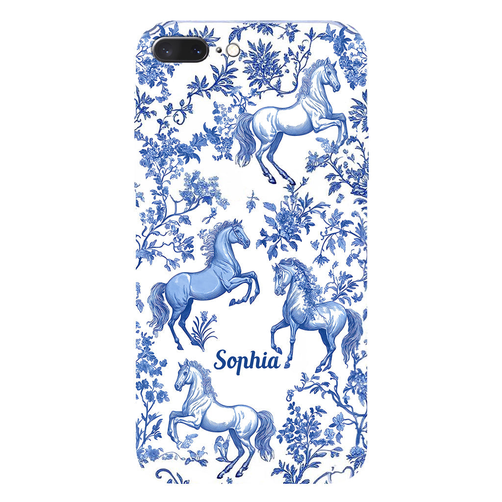 Coque de téléphone personnalisée avec motif cheval bleu et blanc Toile de Jouy - Coque de téléphone à motif cheval intégral