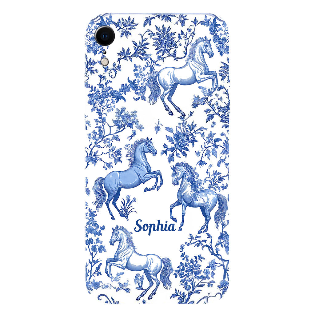 Coque de téléphone personnalisée avec motif cheval bleu et blanc Toile de Jouy - Coque de téléphone à motif cheval intégral