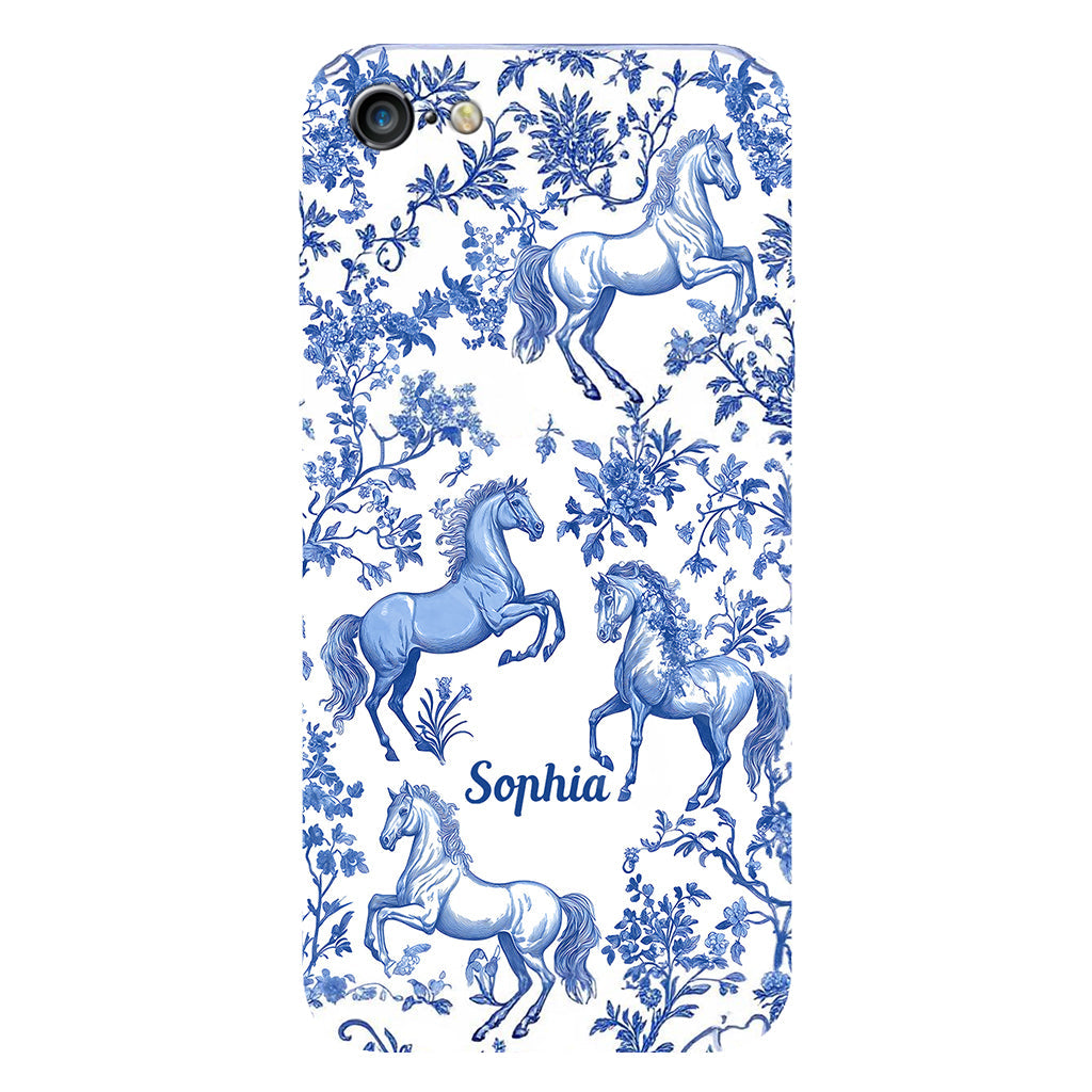 Coque de téléphone personnalisée avec motif cheval bleu et blanc Toile de Jouy - Coque de téléphone à motif cheval intégral