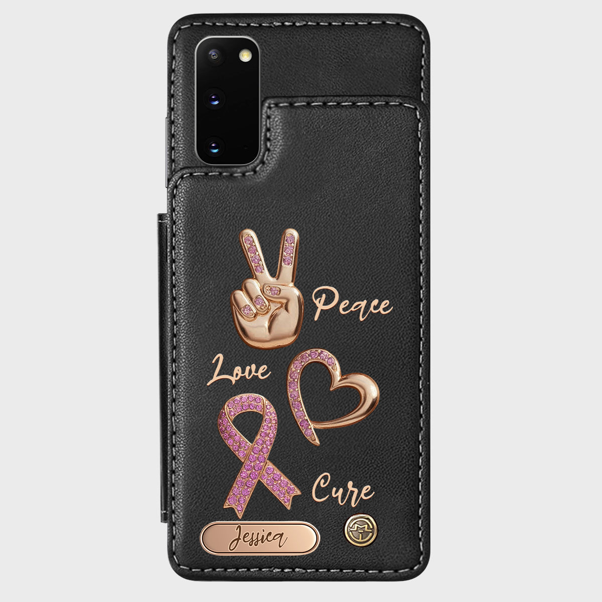 Étui portefeuille personnalisé Peace Love Cure pour téléphone, symbole de sensibilisation au cancer du sein