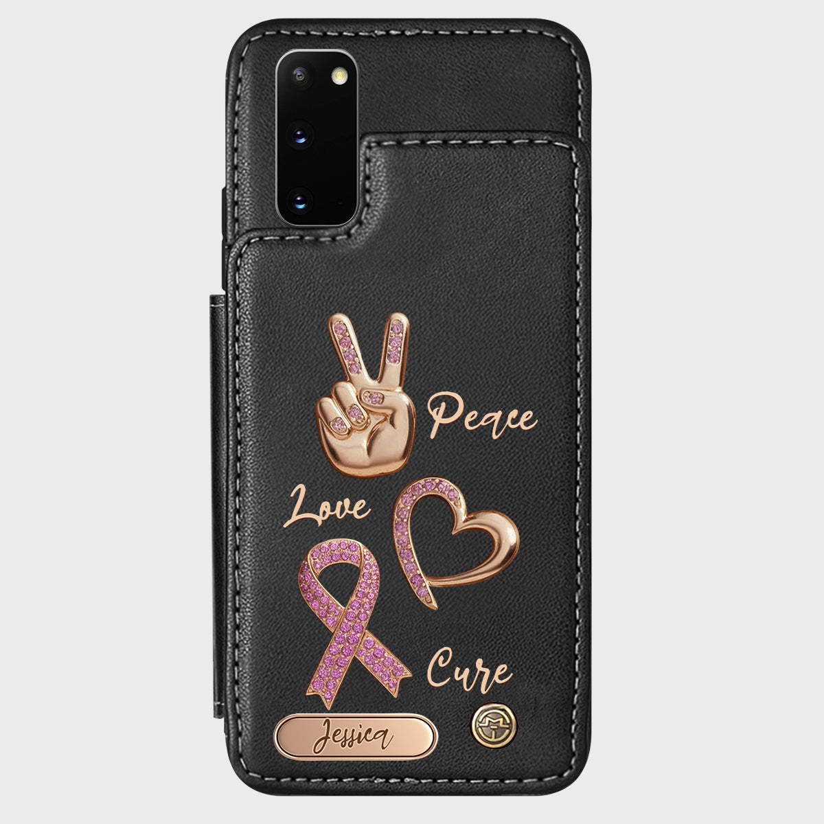 Étui portefeuille personnalisé Peace Love Cure pour téléphone, symbole de sensibilisation au cancer du sein