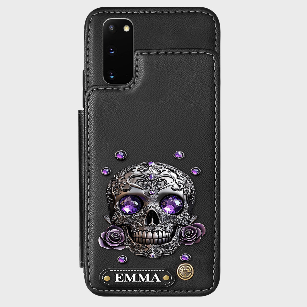 Étui portefeuille personnalisé avec tête de mort et roses