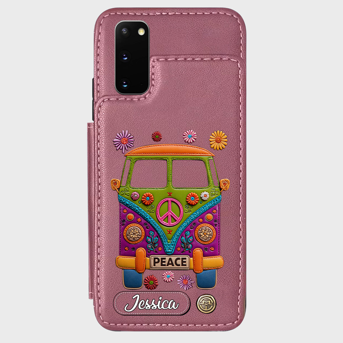 Peace Bus - Étui portefeuille hippie personnalisé avec breloque en cuir