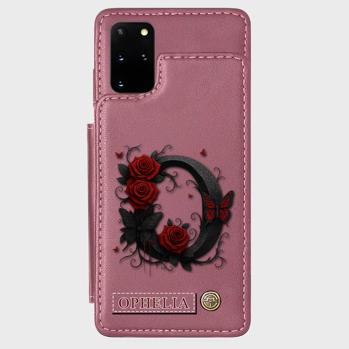 Étui portefeuille de luxe personnalisé avec alphabet, rose rouge et papillons - Étui de téléphone de luxe