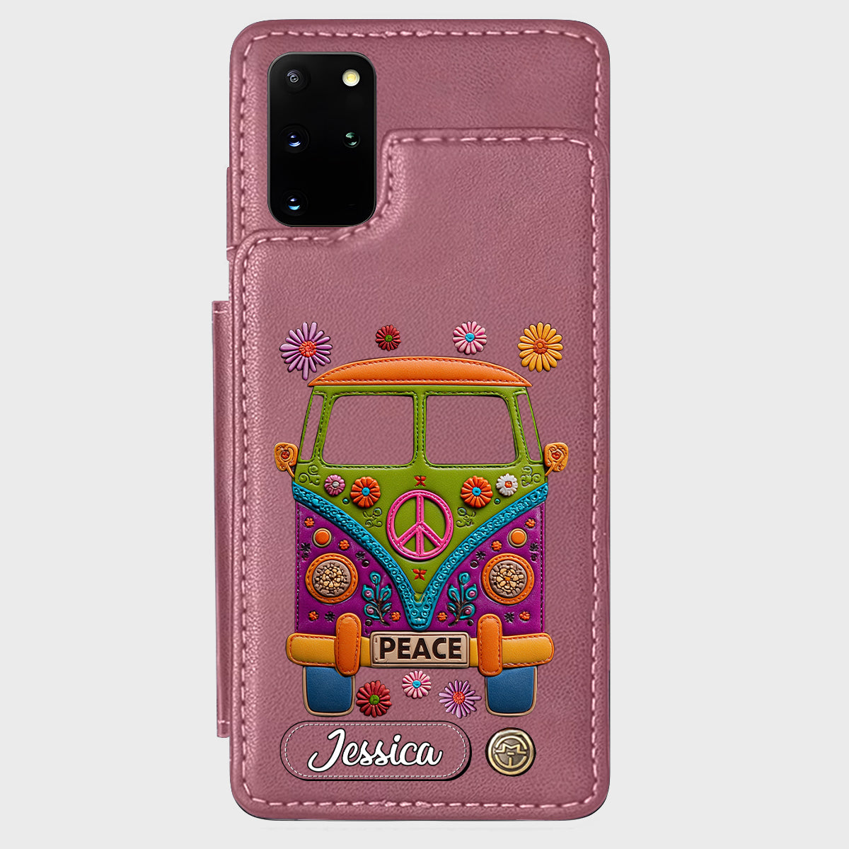 Peace Bus - Étui portefeuille hippie personnalisé avec breloque en cuir