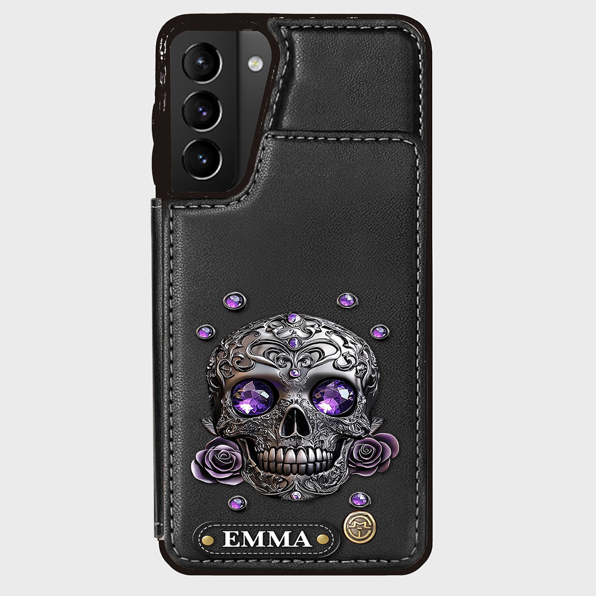 Étui portefeuille personnalisé avec tête de mort et roses