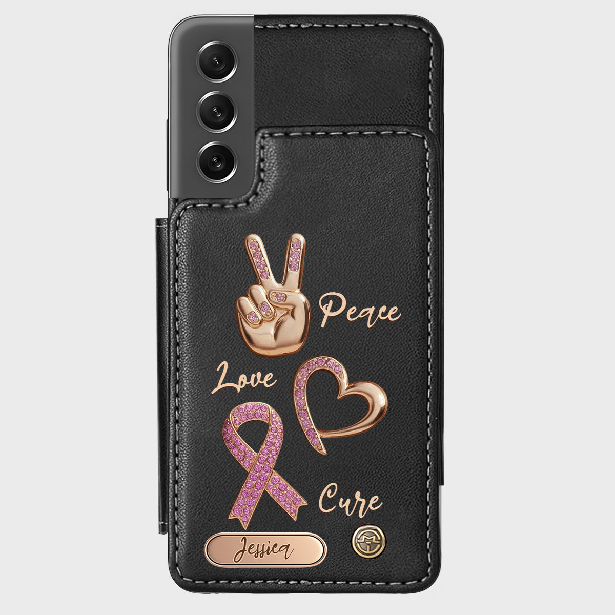 Étui portefeuille personnalisé Peace Love Cure pour téléphone, symbole de sensibilisation au cancer du sein