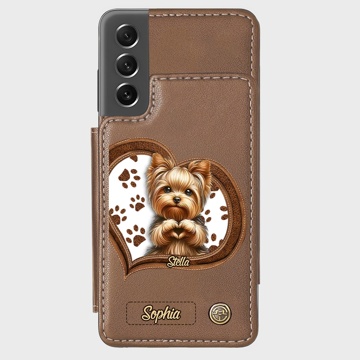 Étui portefeuille/téléphone personnalisé pour chien avec motif de cœur formé par un chiot ou un chaton