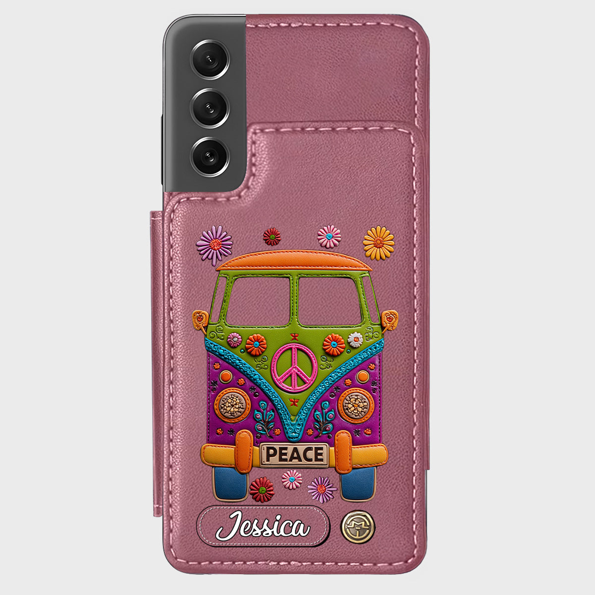 Peace Bus - Étui portefeuille hippie personnalisé avec breloque en cuir