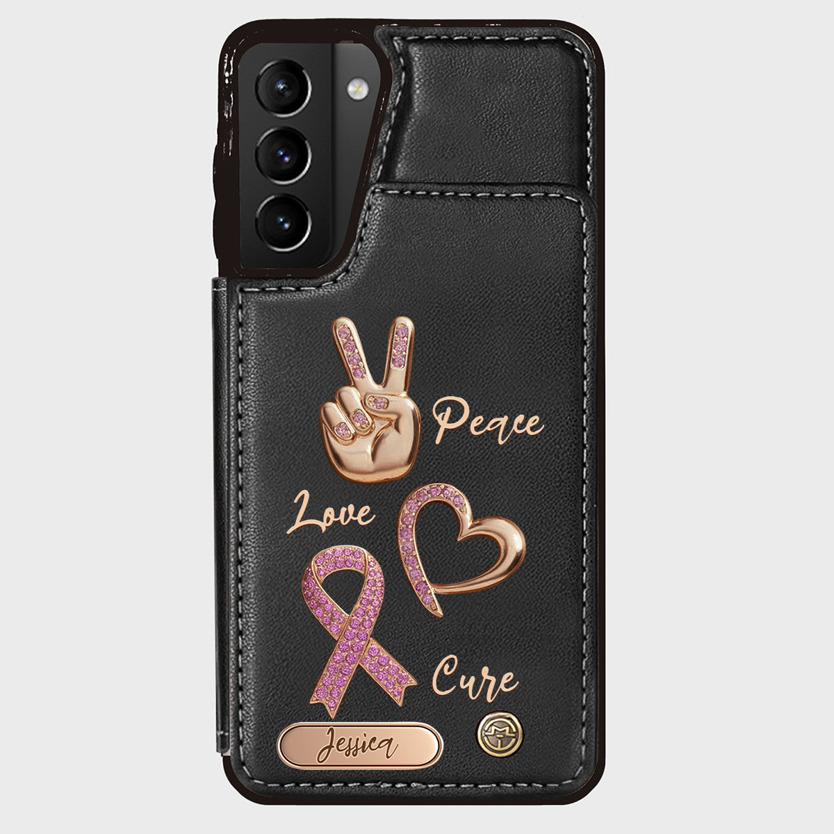 Étui portefeuille personnalisé Peace Love Cure pour téléphone, symbole de sensibilisation au cancer du sein