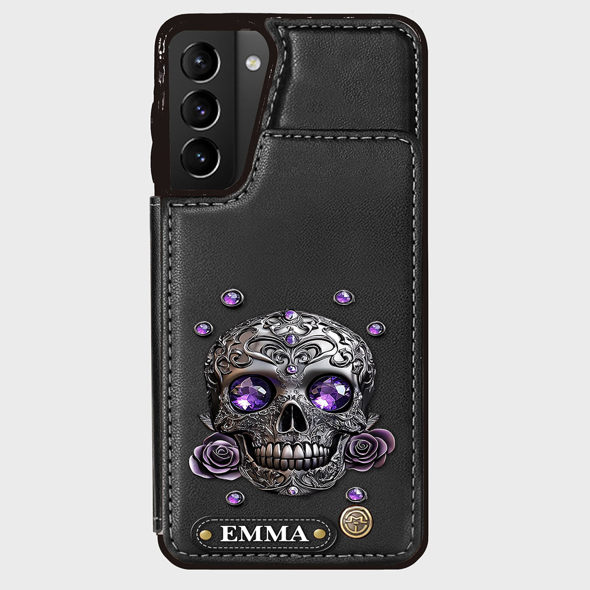 Étui portefeuille personnalisé avec tête de mort et roses