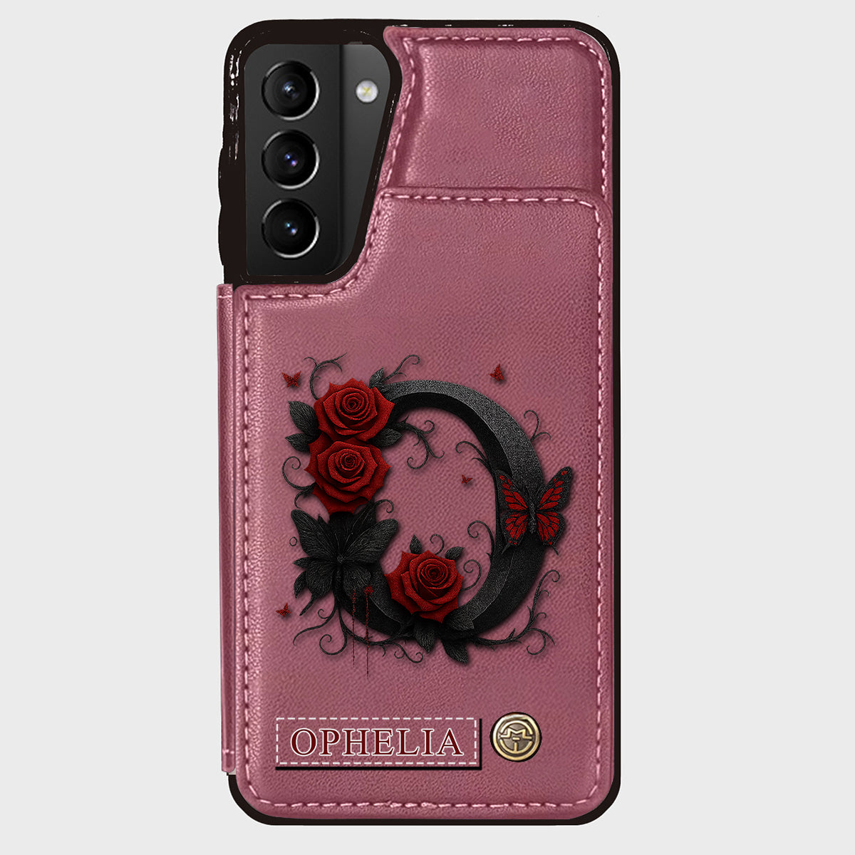 Étui portefeuille de luxe personnalisé avec alphabet, rose rouge et papillons - Étui de téléphone de luxe