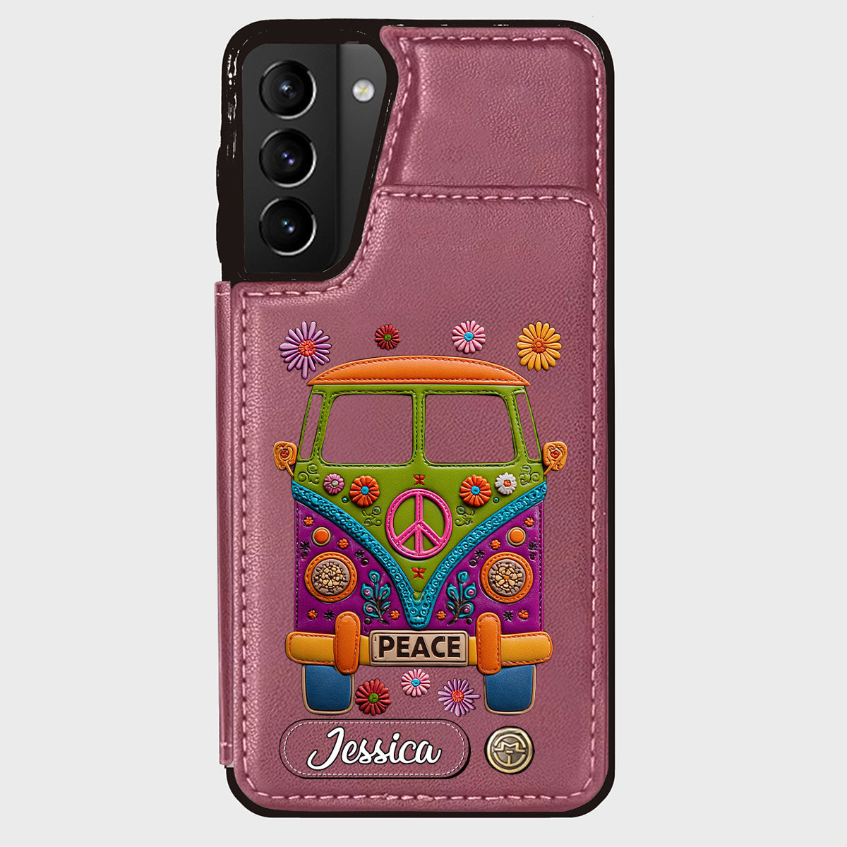 Peace Bus - Étui portefeuille hippie personnalisé avec breloque en cuir