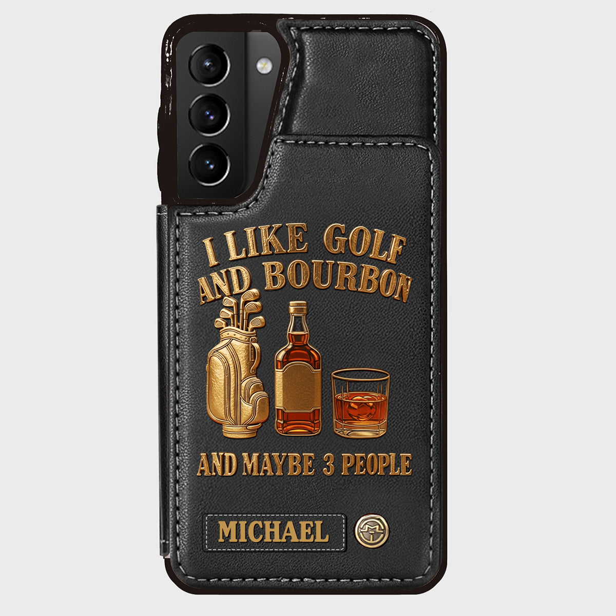 J'aime le golf, le bourbon et peut-être 3 personnes - Étui portefeuille de téléphone personnalisé sur le thème du golf