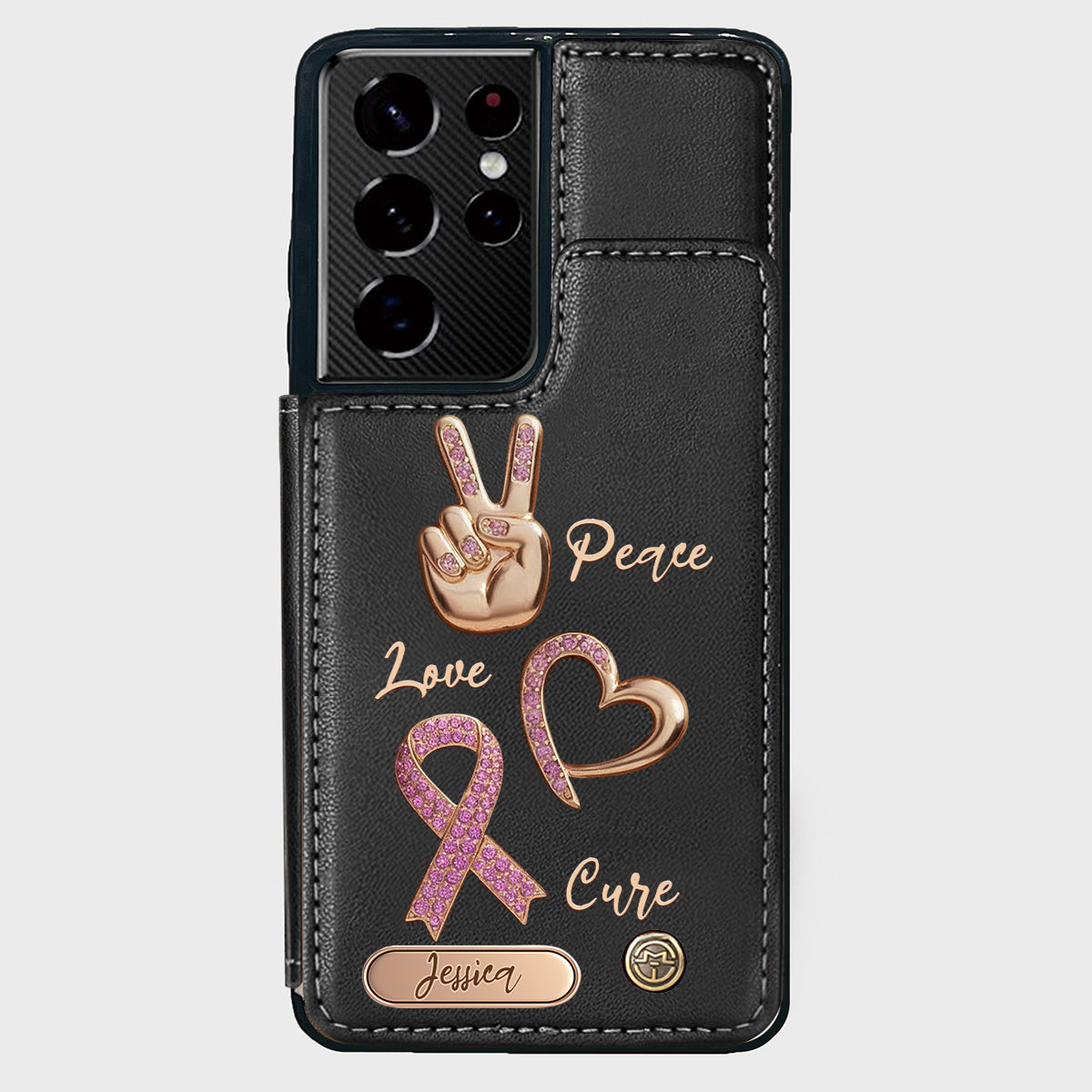 Étui portefeuille personnalisé Peace Love Cure pour téléphone, symbole de sensibilisation au cancer du sein