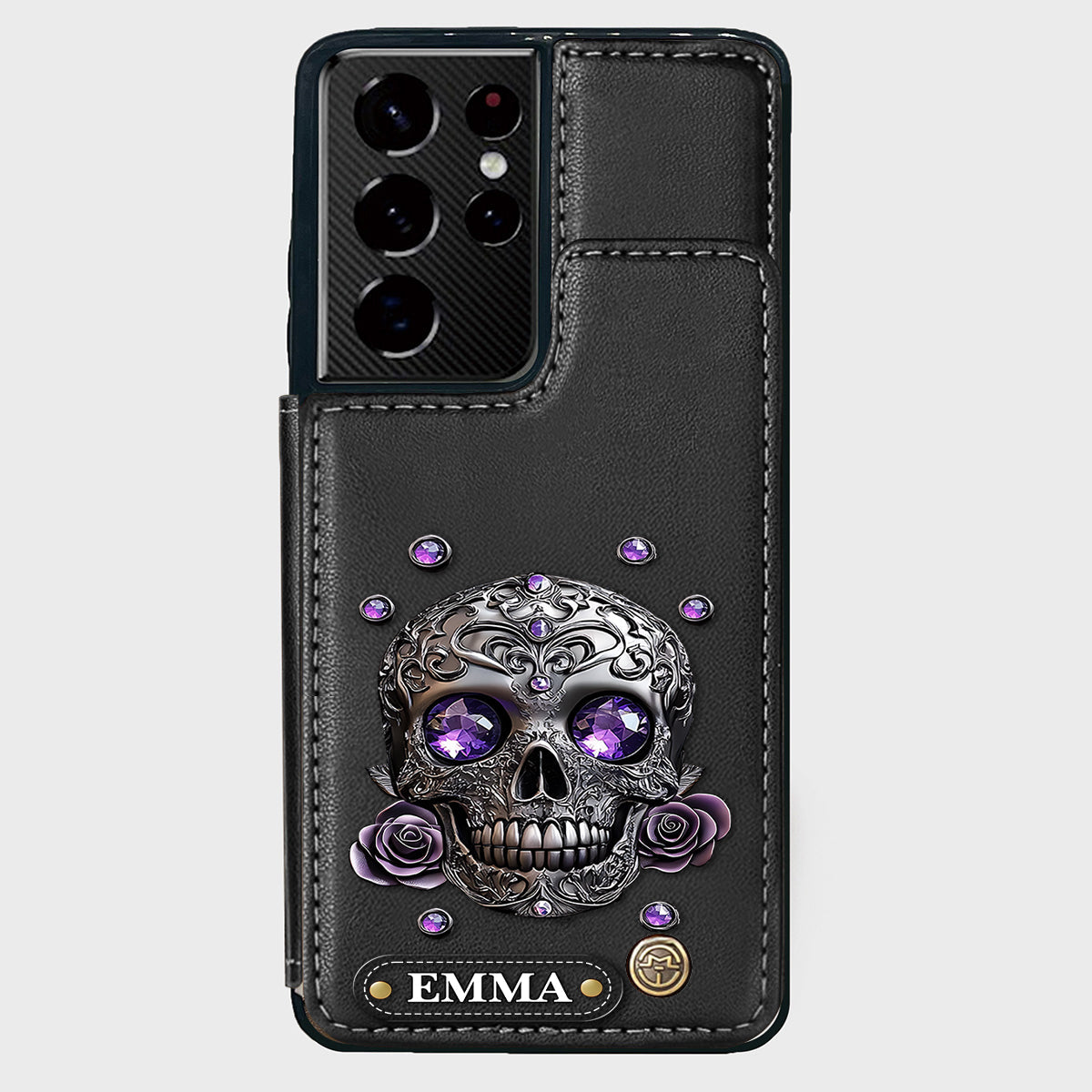 Étui portefeuille personnalisé avec tête de mort et roses