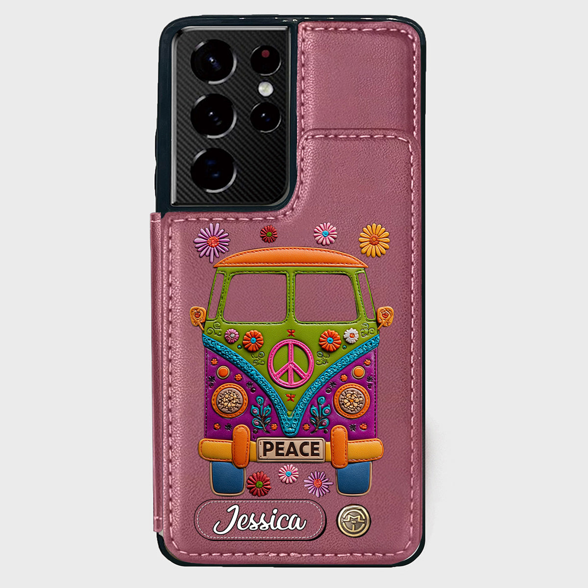Peace Bus - Étui portefeuille hippie personnalisé avec breloque en cuir