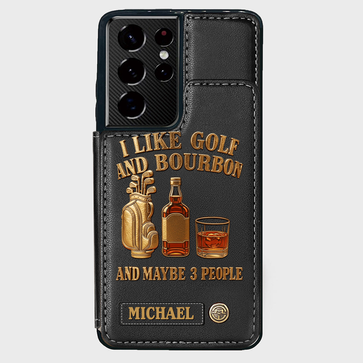 J'aime le golf, le bourbon et peut-être 3 personnes - Étui portefeuille de téléphone personnalisé sur le thème du golf