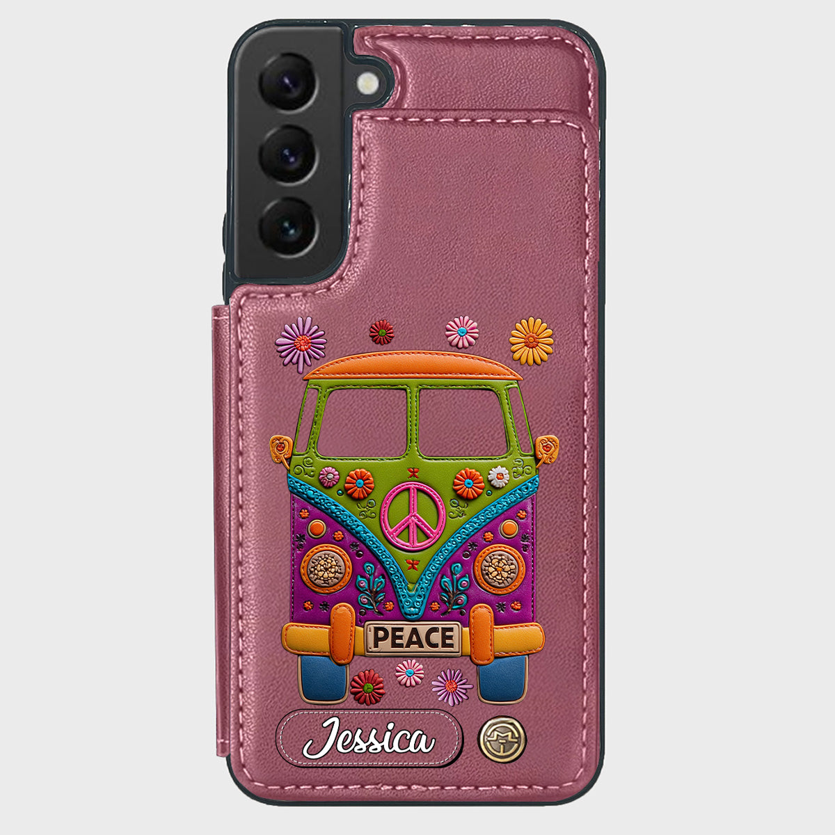 Peace Bus - Étui portefeuille hippie personnalisé avec breloque en cuir