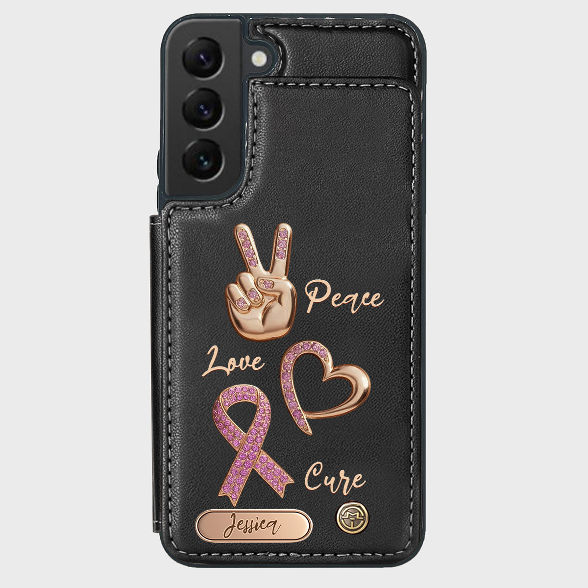 Étui portefeuille personnalisé Peace Love Cure pour téléphone, symbole de sensibilisation au cancer du sein