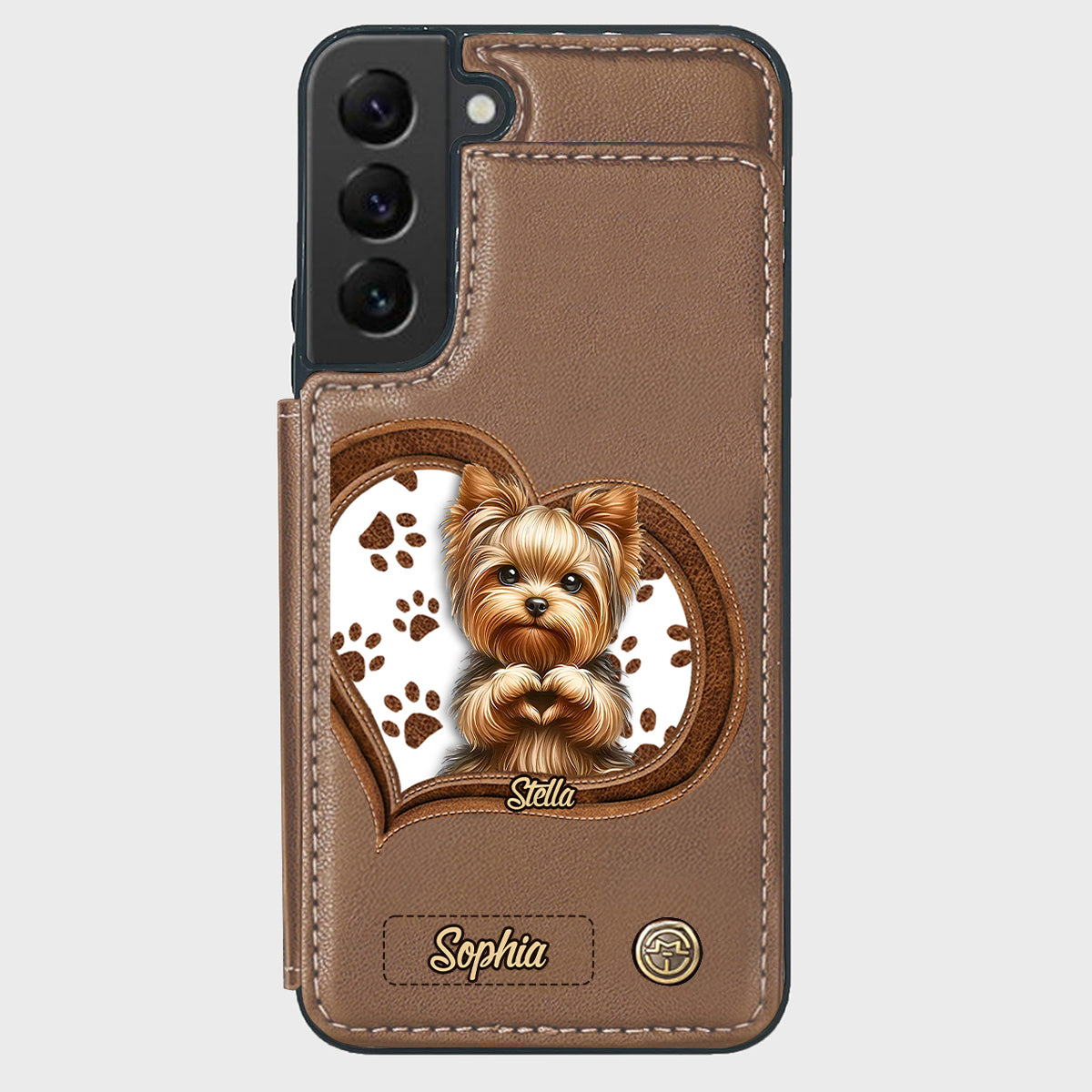 Étui portefeuille/téléphone personnalisé pour chien avec motif de cœur formé par un chiot ou un chaton