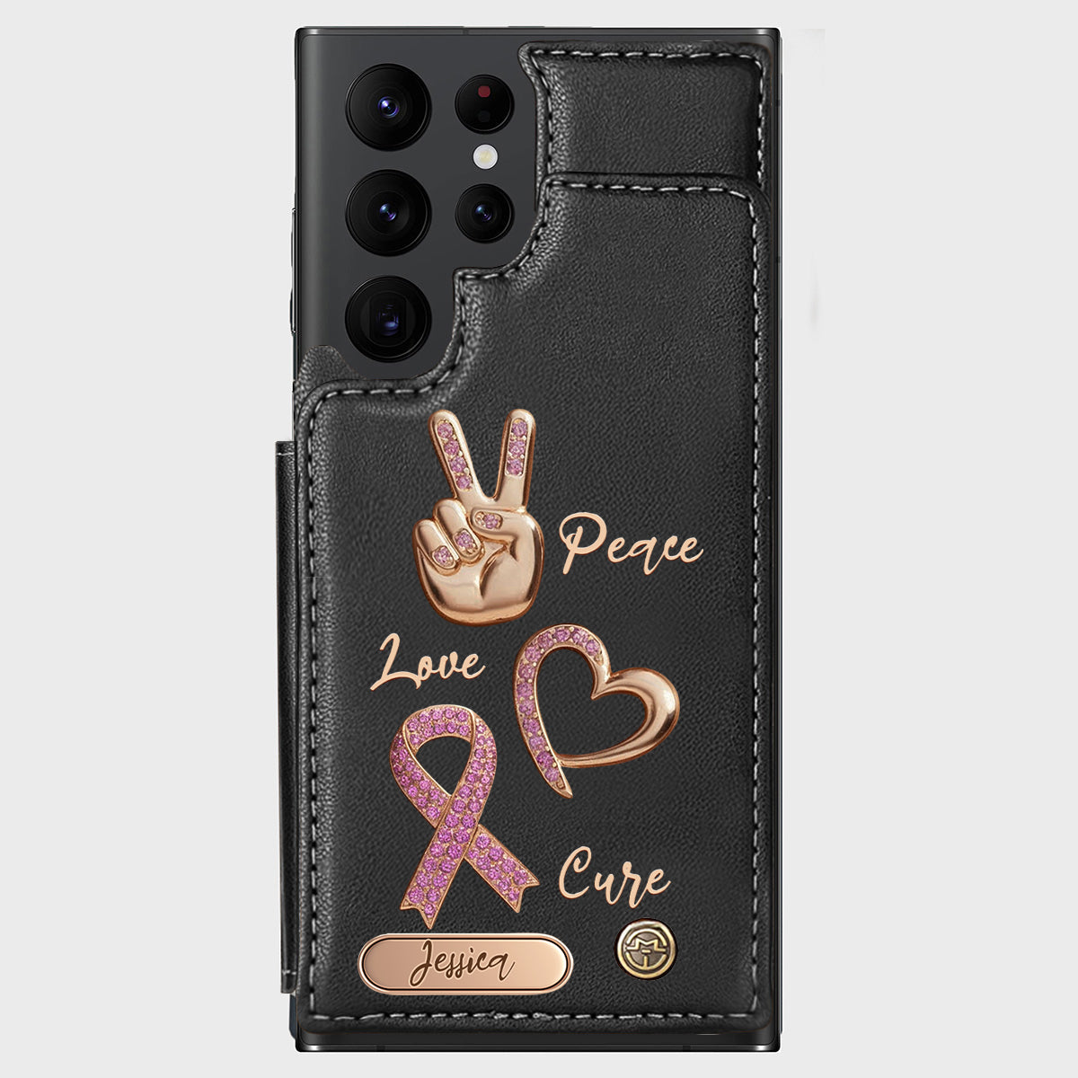 Étui portefeuille personnalisé Peace Love Cure pour téléphone, symbole de sensibilisation au cancer du sein