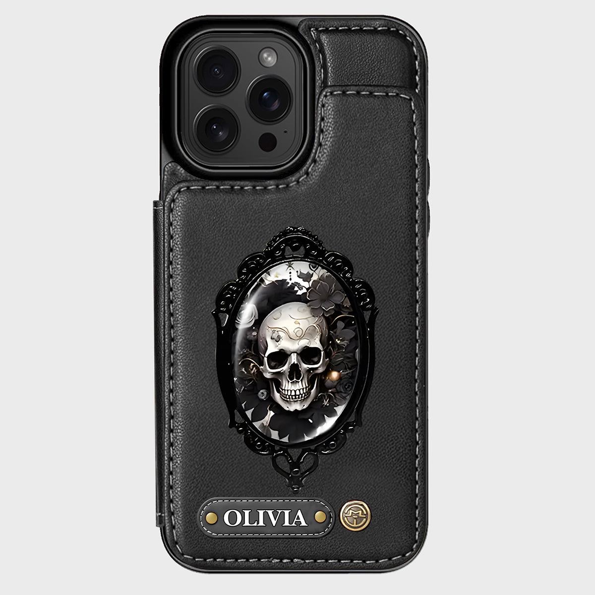 Étui portefeuille personnalisé en forme de crâne à motif floral gothique - Étui de téléphone à tête de mort -