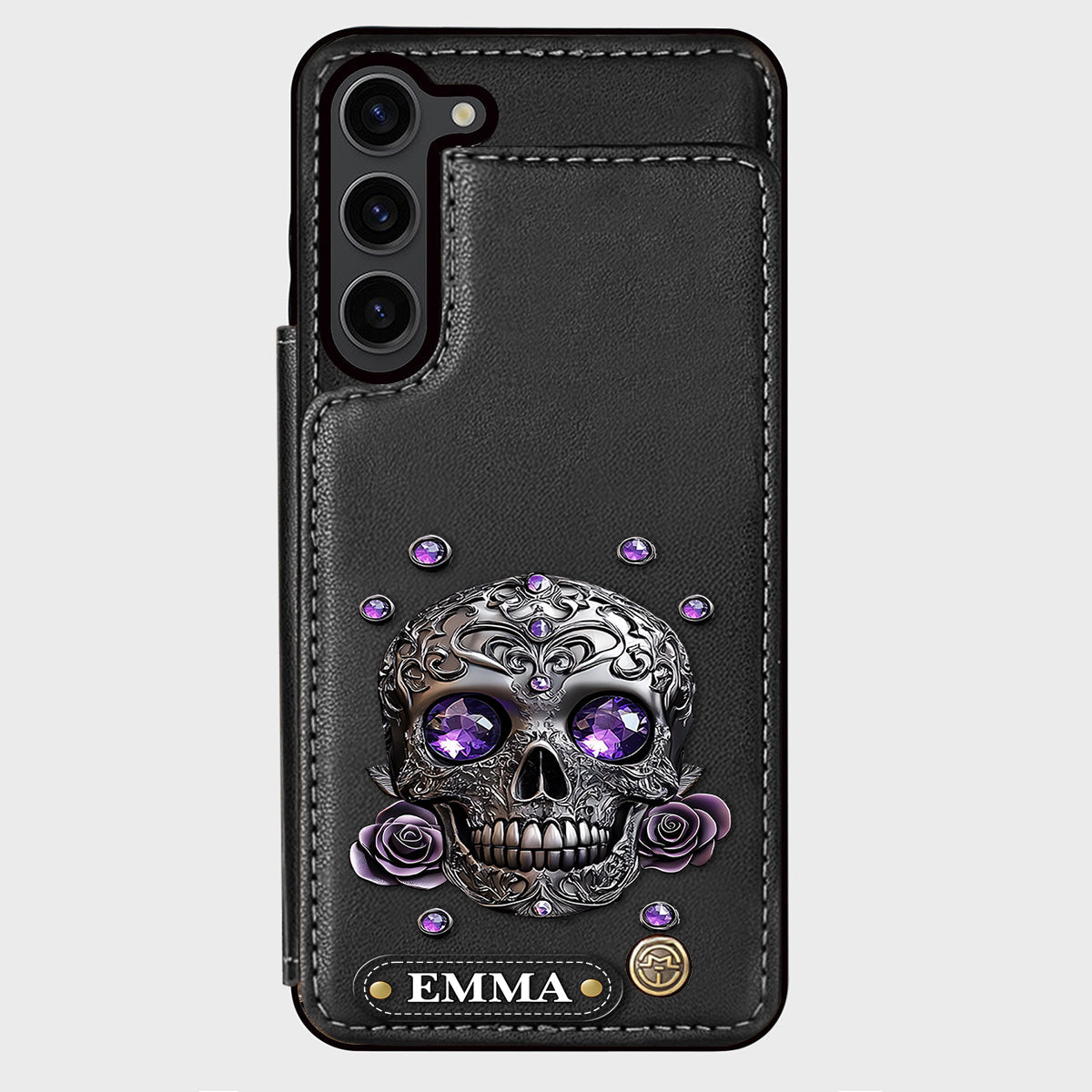 Étui portefeuille personnalisé avec tête de mort et roses