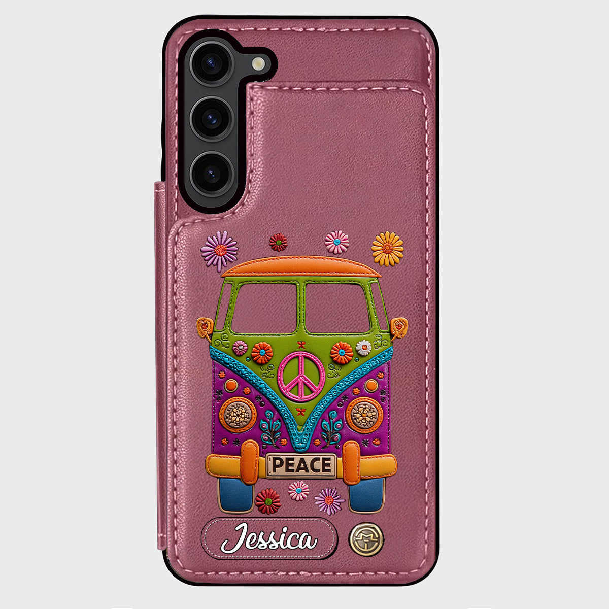 Peace Bus - Étui portefeuille hippie personnalisé avec breloque en cuir