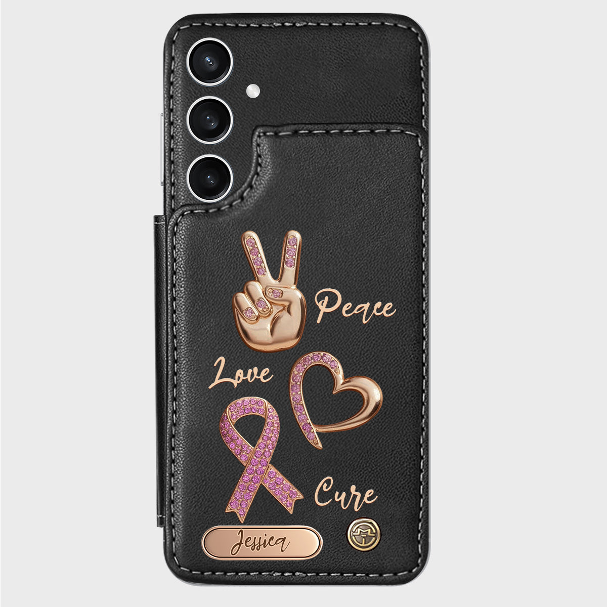 Étui portefeuille personnalisé Peace Love Cure pour téléphone, symbole de sensibilisation au cancer du sein