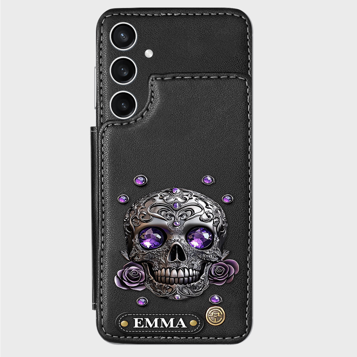 Étui portefeuille personnalisé avec tête de mort et roses