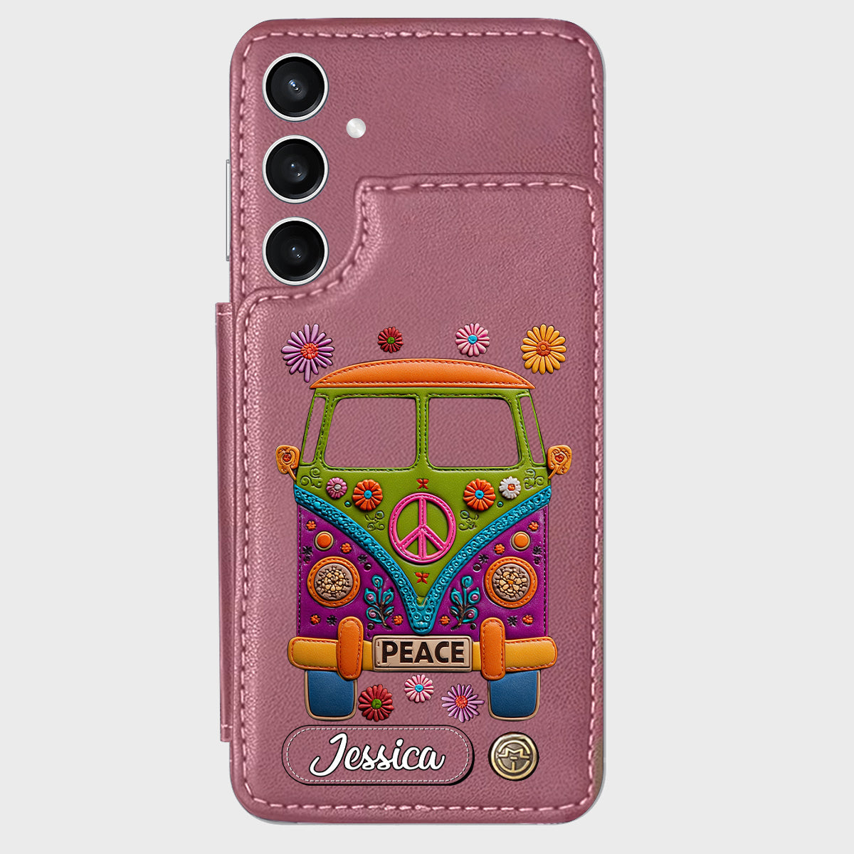 Peace Bus - Étui portefeuille hippie personnalisé avec breloque en cuir