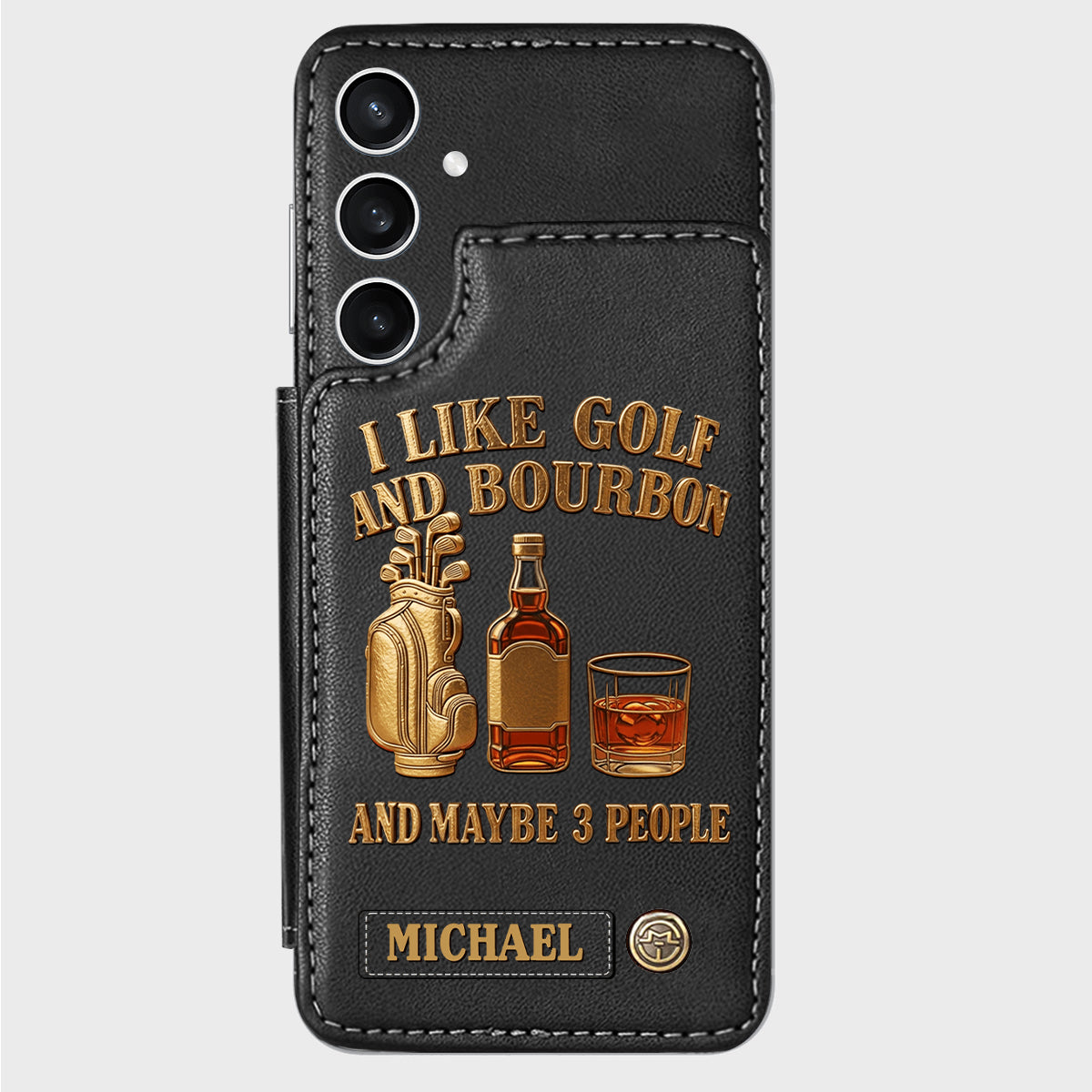 J'aime le golf, le bourbon et peut-être 3 personnes - Étui portefeuille de téléphone personnalisé sur le thème du golf