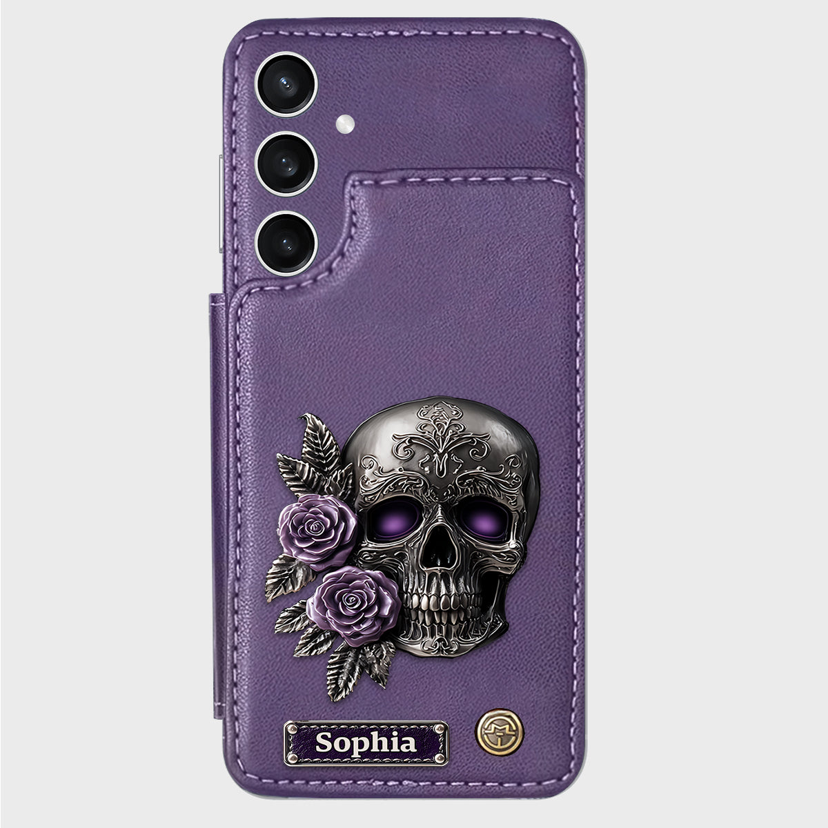 Étui portefeuille personnalisé en forme de crâne et de roses